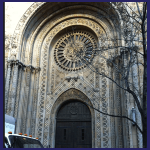 Front of a synagogue on the Jewish Upper West Side, one of the many Jewish Neighborhoods in Manhattan.